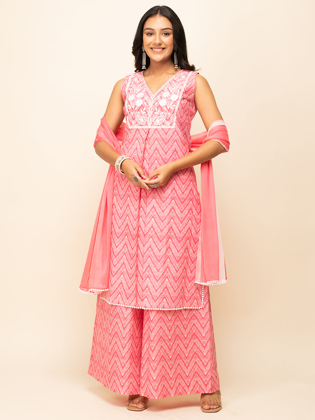 FIORRA Women's Peach Cotton Straight Kurta With Palazzo And Dupatta